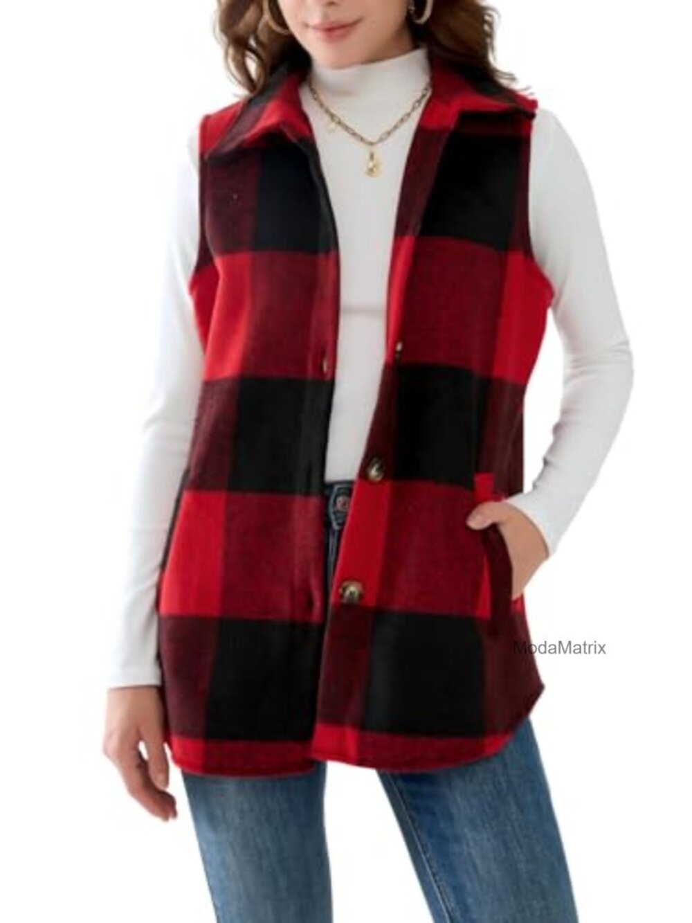 Women's Flannel Plaid Vest Sleeveless Button Down Shirt Jacket with Pockets